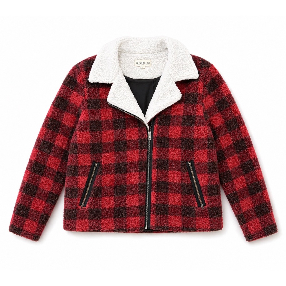 Idyllwind Miranda Lambert Red Buffalo Plaid Sherpa Fleece‎ Moto Jacket XL